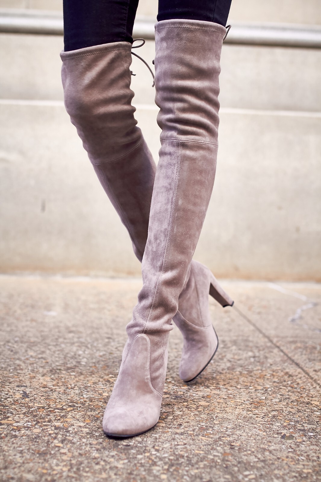 New Vegan Suede Over The Knee Boot Chunky Block High Heel Drawstring Tie Lace Up