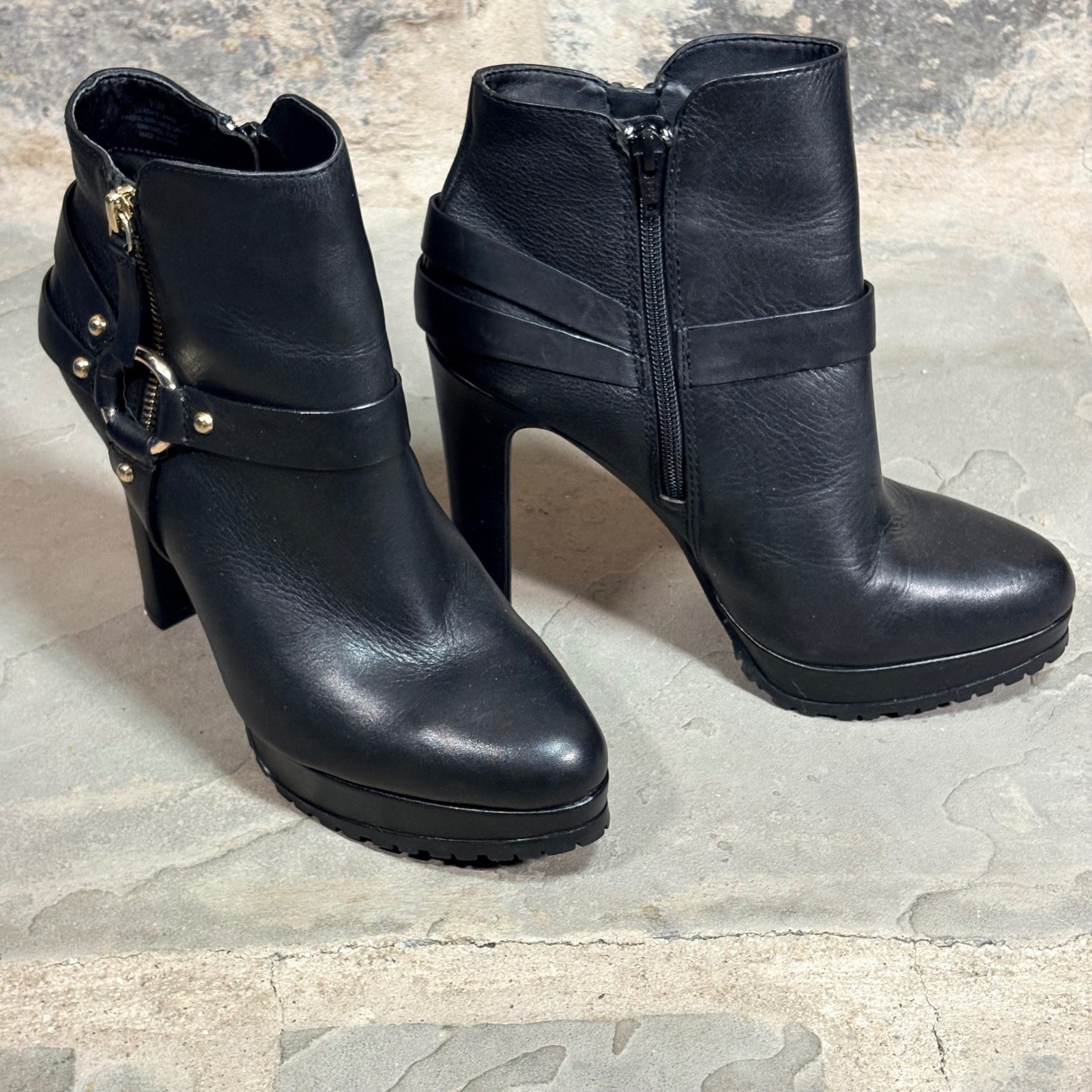 Gianni Bini Molle Womens Black Leather Harness Platform Ankle Boots Heels 9.5M