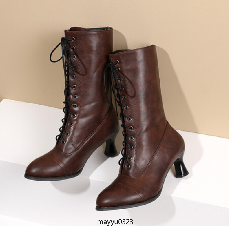 Vintage Womens Mid Kitten Heel Lace Up Faux Leather Ankle Boots Shoes Biker Hot