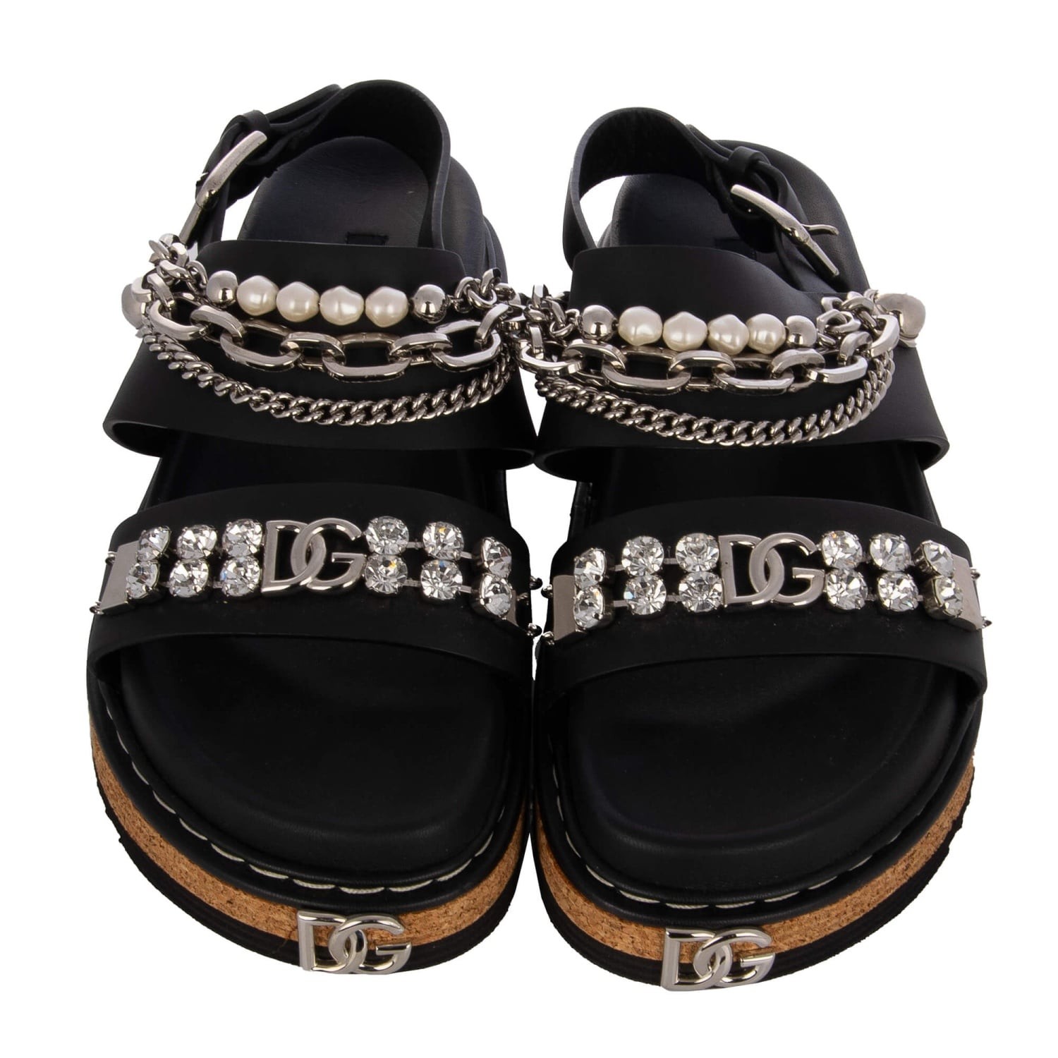 DOLCE & GABBANA DG Logo Pearl Crystal Chain Plateau Sandals KEIRA Black Silver