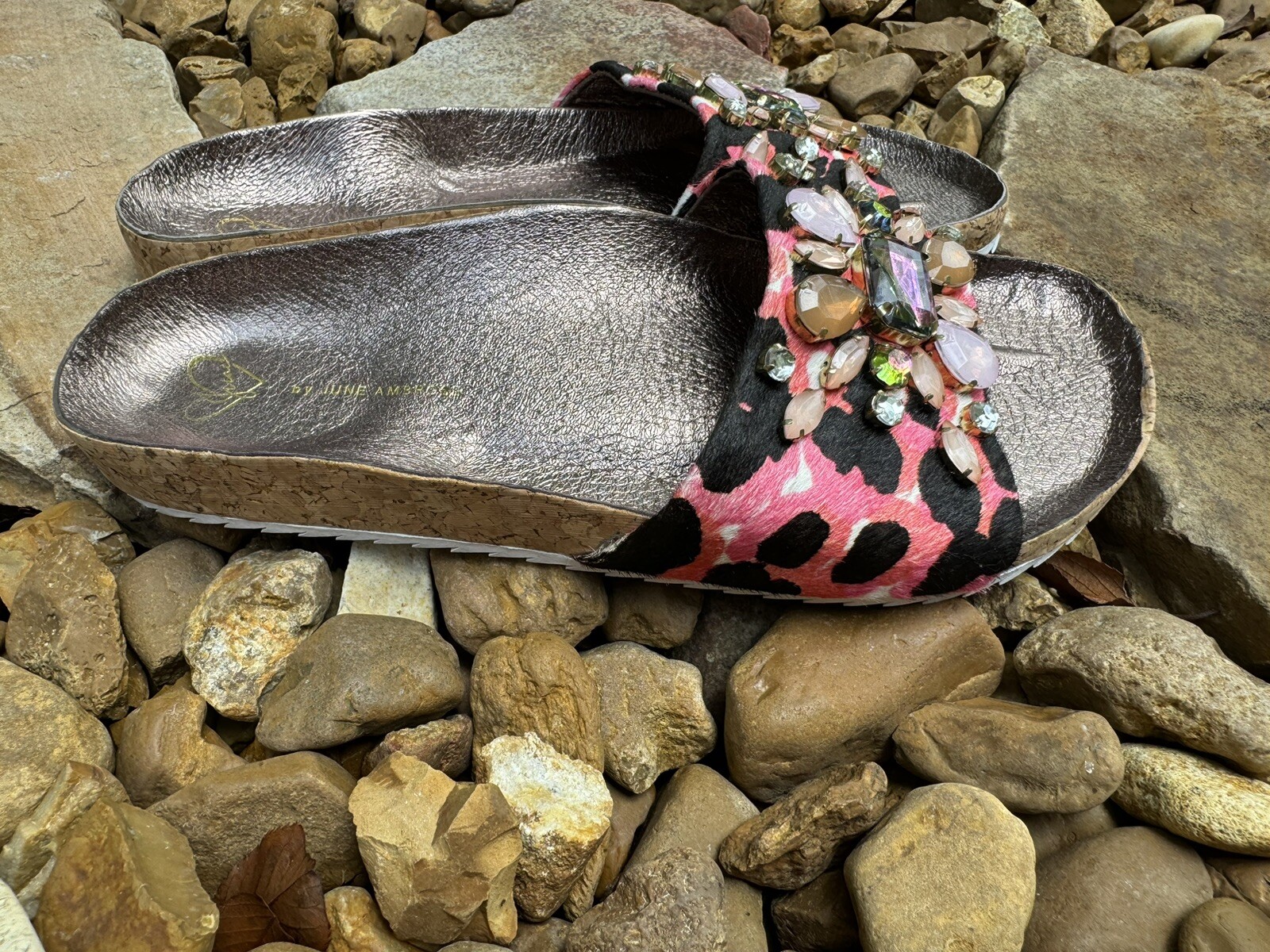 June Ambrose Jeweled Slide Sandals Black Print 8M US 408269 Pink Black