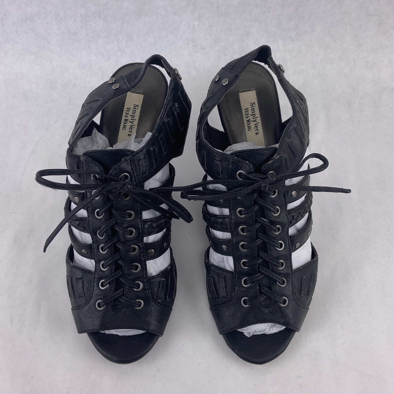 Simply Vera Wang Heels Women 8 M Black Hades Lace Up Studded Sling Back Shoes 3″