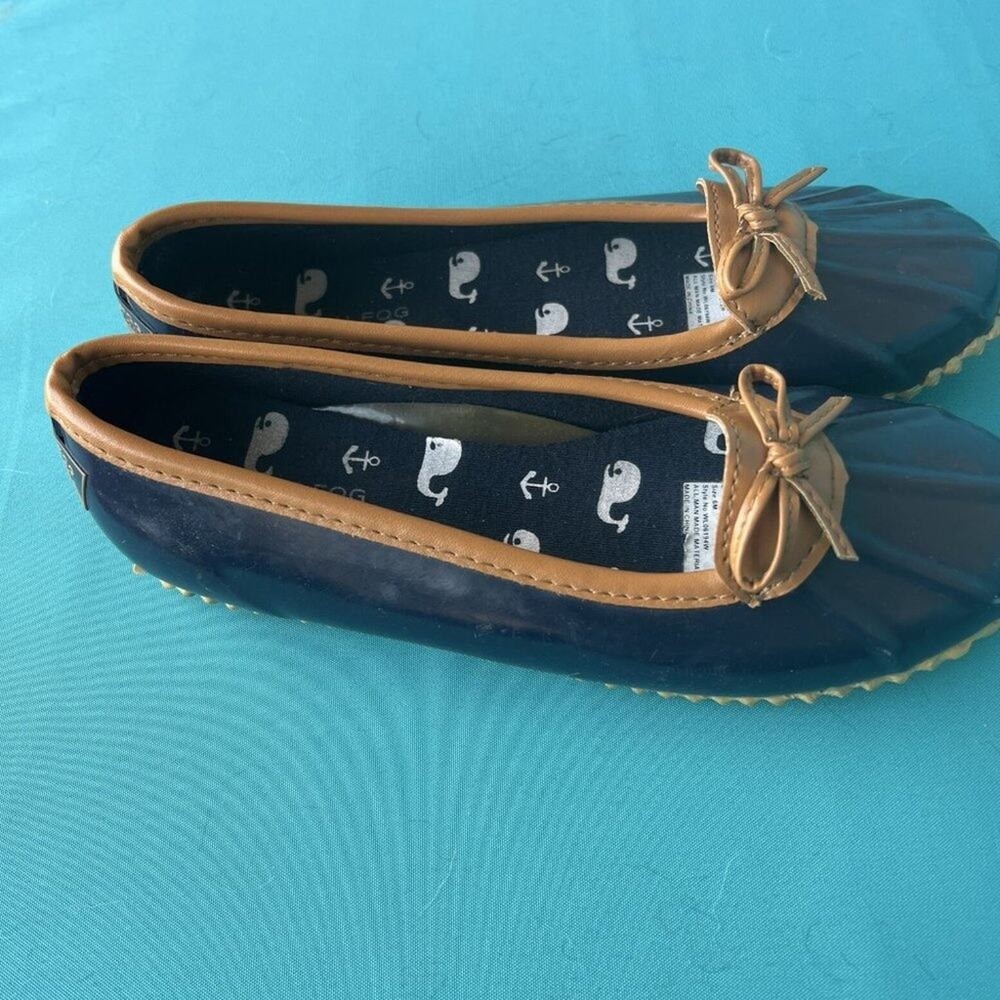 London Fog Women’s Webster Duck Rain Shoes Blue Brown Slip On Bow Size 6 M EUC