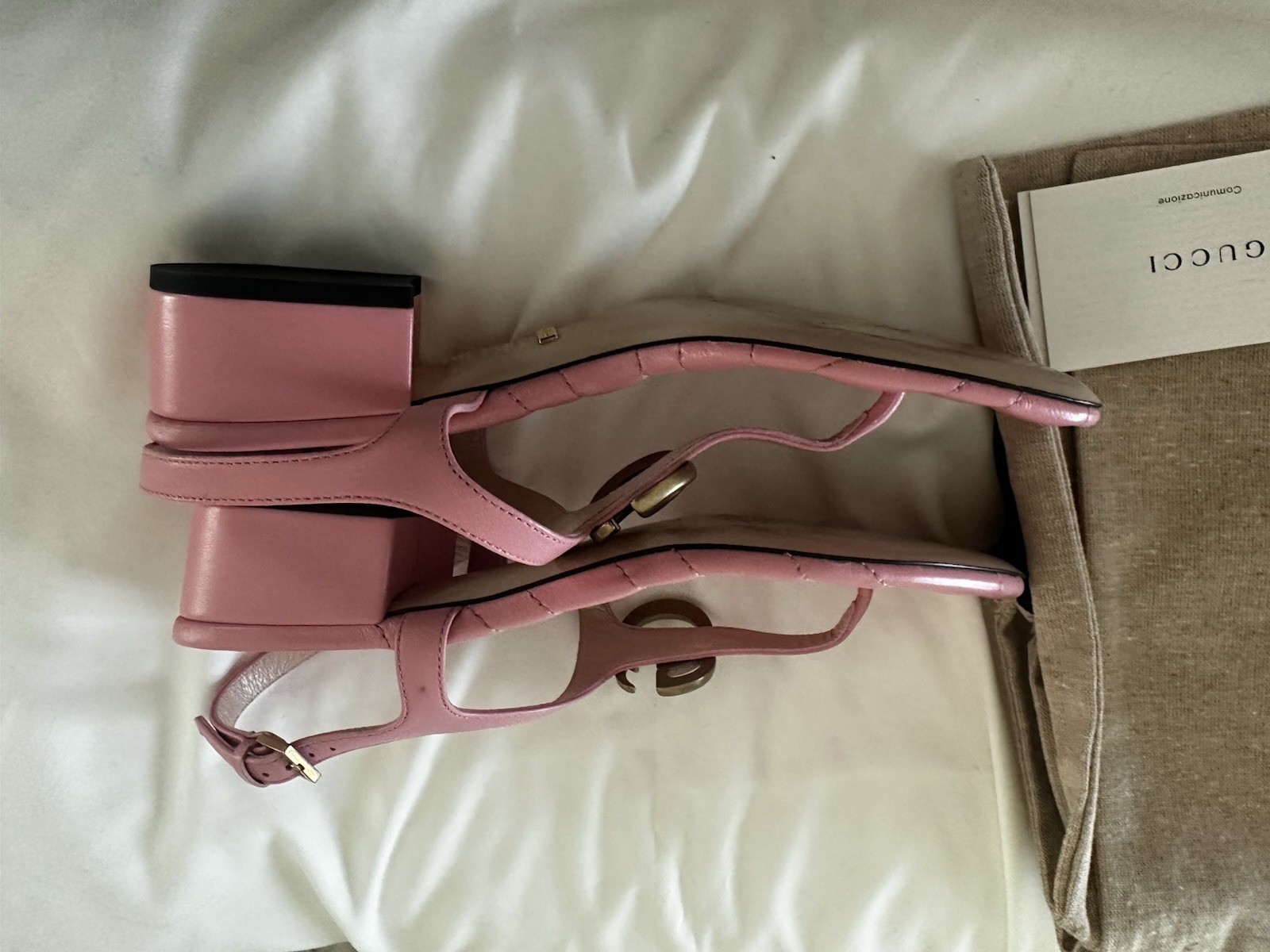 GUCCI MARMONT GG QUILTED LEATHER BLOCK HEEL SANDAL SHOE WILD ROSE PINK SIZE 37