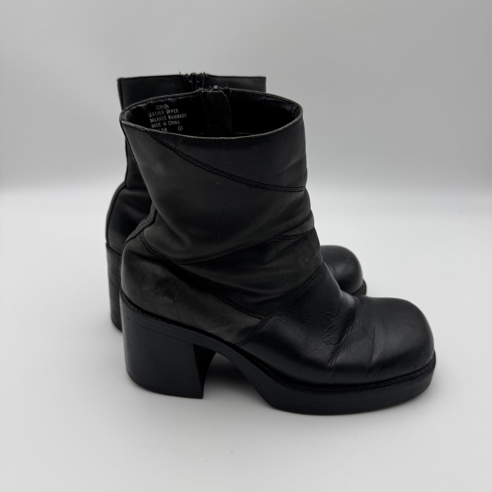 Prima Royale Corkin Black Leather Chunky Platform Ankle Boot 8.5M Square Toe Y2K