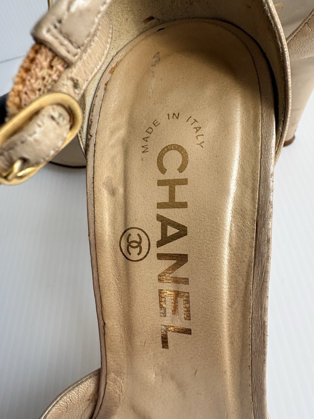 CHANEL CC LOGO FAUX PEARL STRAPS HEEL PUMPS 38.5 US 8-8.5 Two Tone