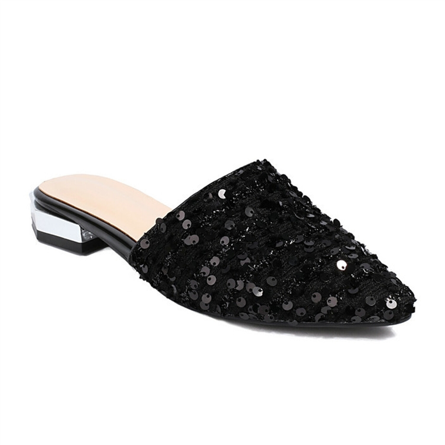 Women’s Sequin Flat Mules Pointed Toe Backless Sparkly Dress Slide Sandals