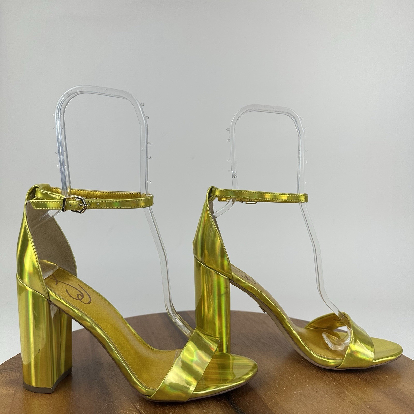 Womens Sam Edelman Yaro Gold Leather Block Open Toe Heeled Sandals Size 8.5 M