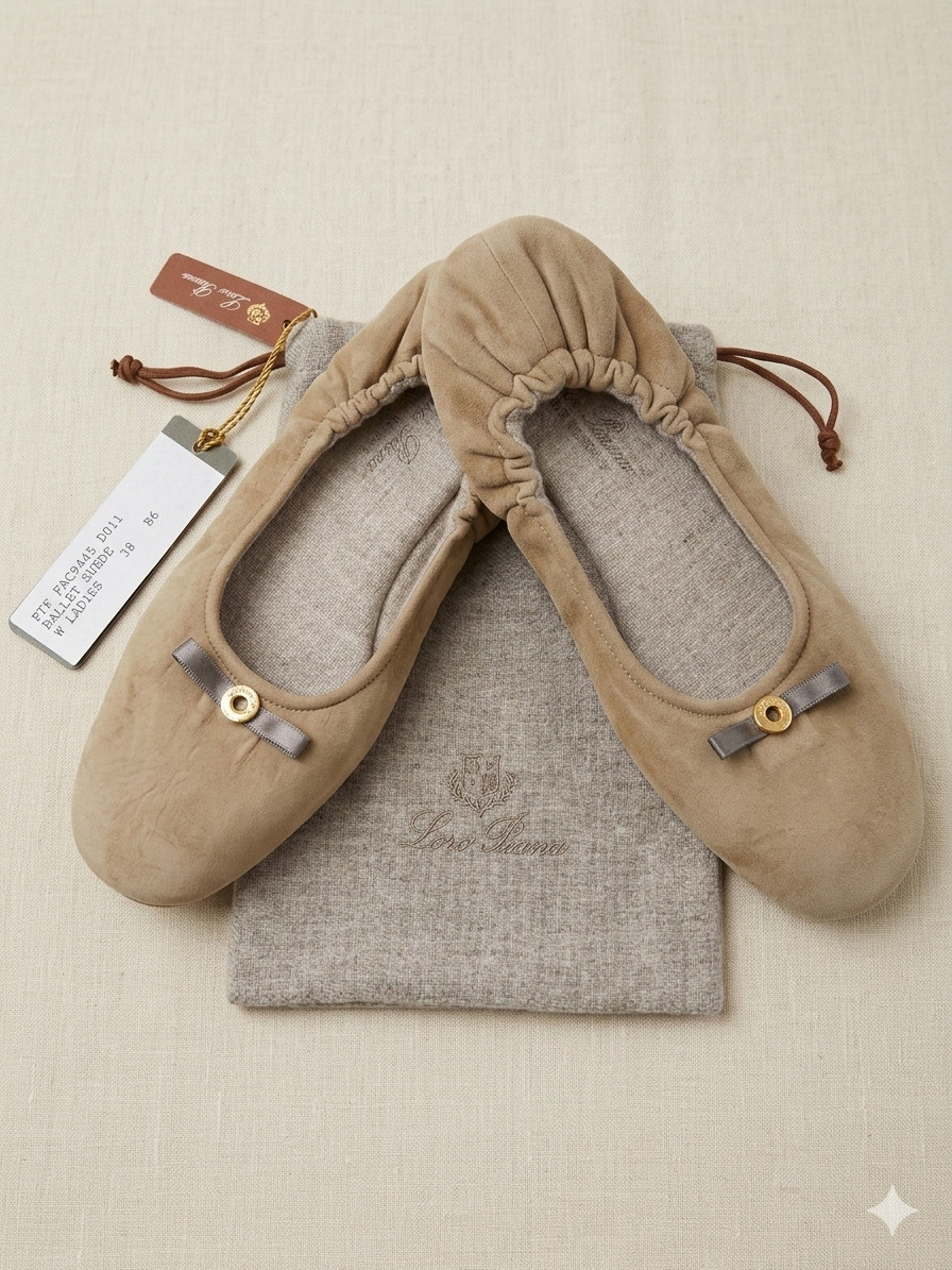 New Loro Piana Suede Ballerina Slippers 100% Cashmere Lined + Travel Pouch 38