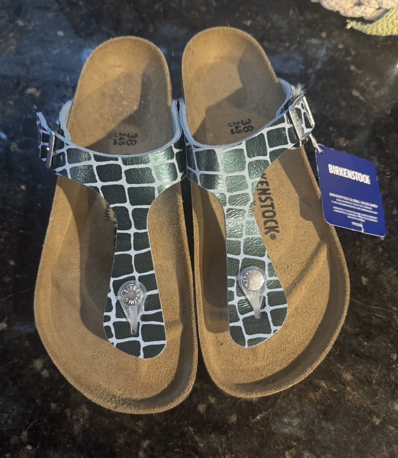 Birkenstock Gizeh Thong Sandals Gator Gleam Pearl Light Mint Silver US 7 38 Reg