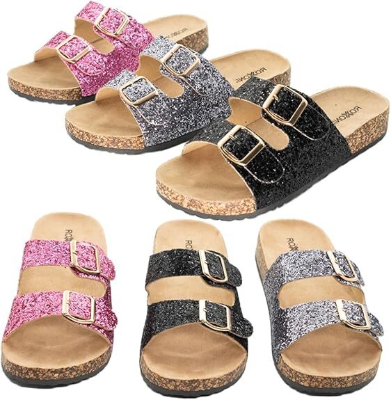 Very Peri Womens Glitters Comfort Flat Sandals Double Buckle Straps Flat Slides