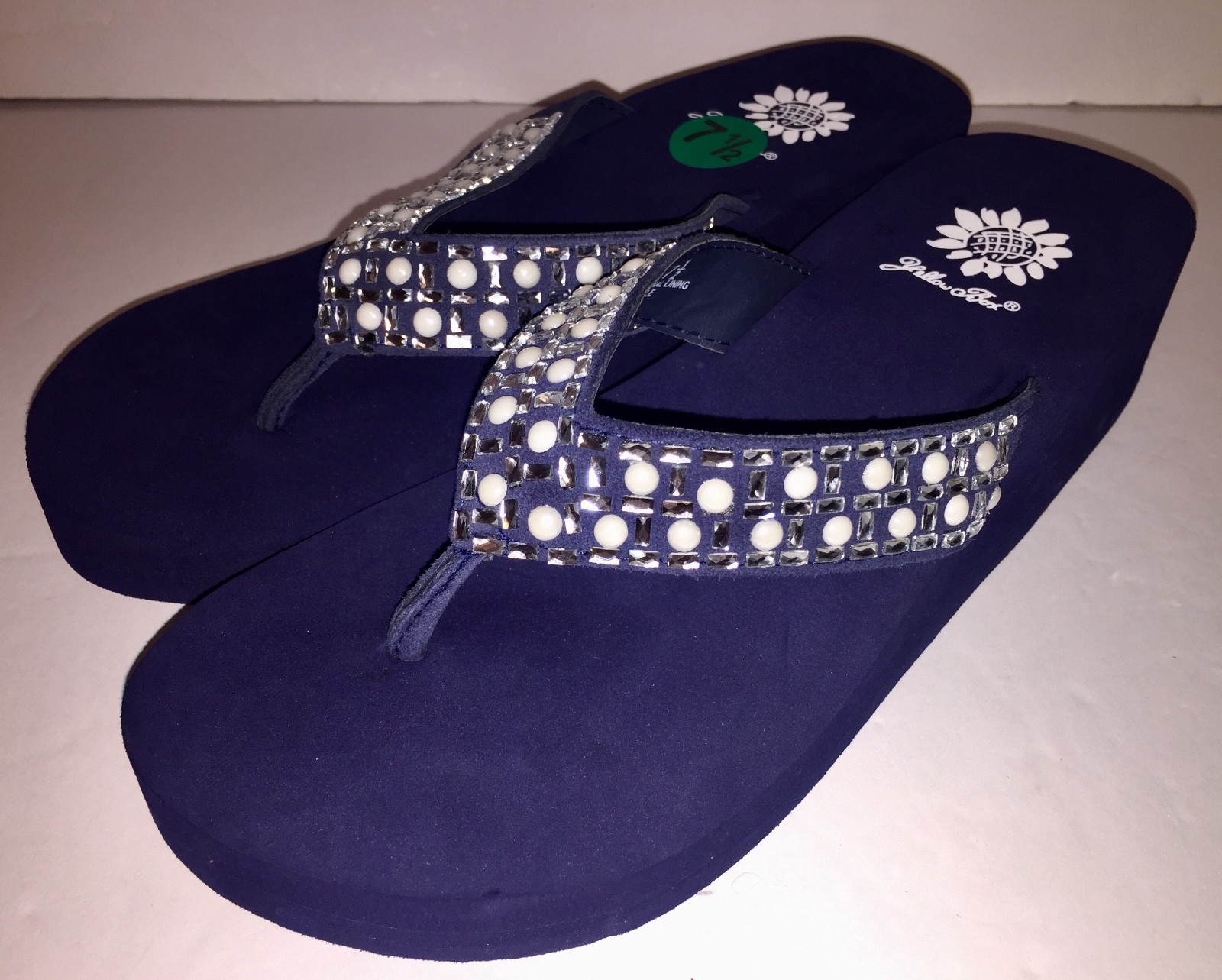 Yellow Box Flip Flops Sandals Women’s Touch Wedge Pearl Jeweled Blue Black NWT