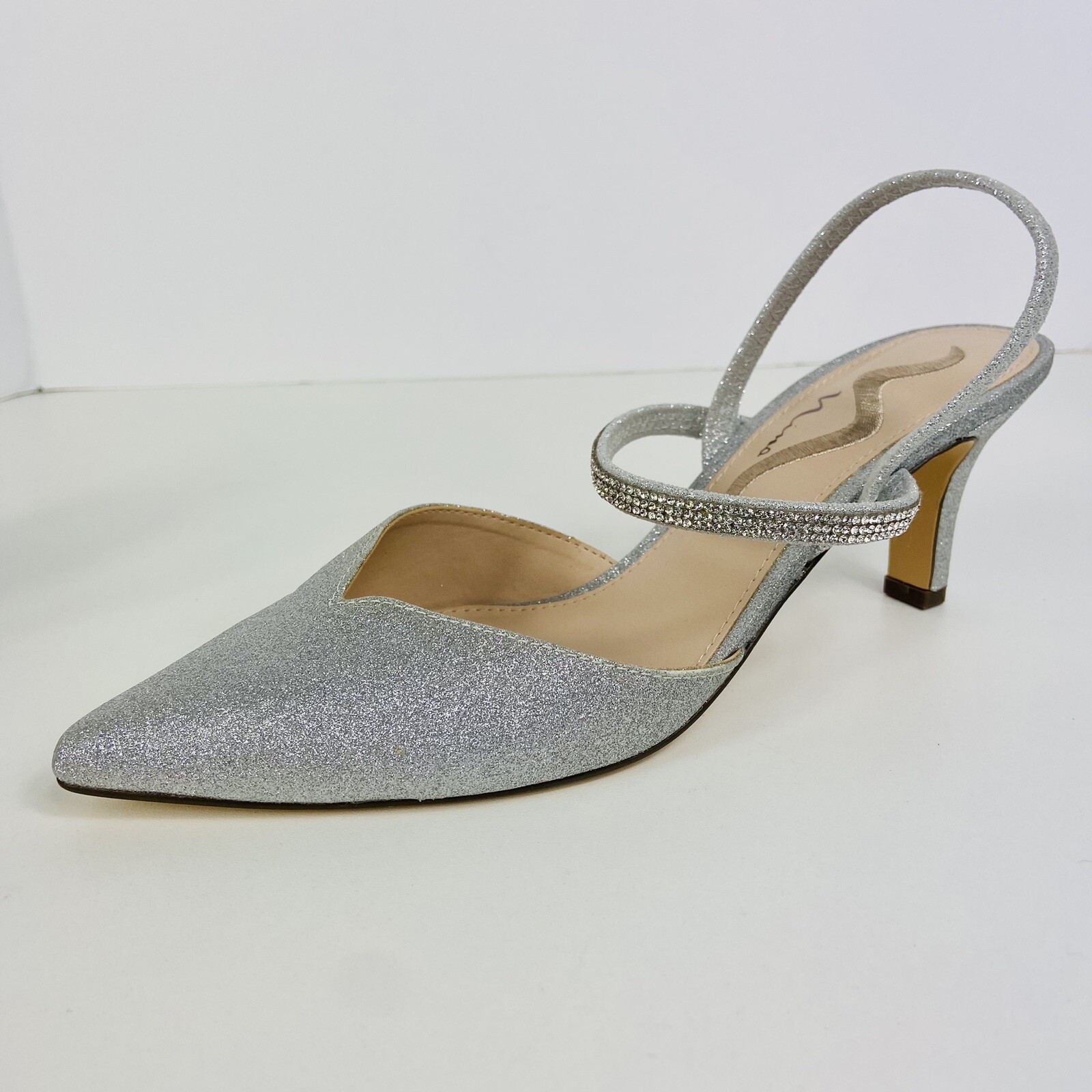 Nina Rhinestone Elastic Slingback Pumps Sz 8 / 38 Sparkly Silver Bridal