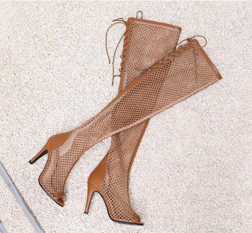 Fashion Womens Mesh Peep Toe Sandals Dress Casual Club Party Over The Knee Boots