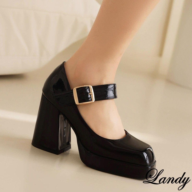 Womens Square Toe Dress Block High Heel Platform Clubwear Buckle Shoes Oversize