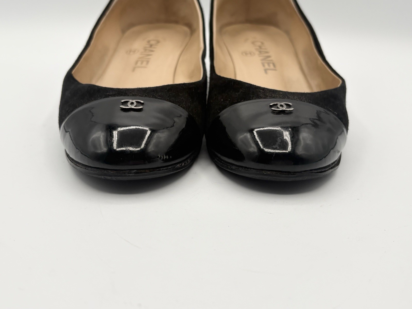 Chanel Black Suede Low Block Heels w CC Logo Cap Toe Accent Size EU 36
