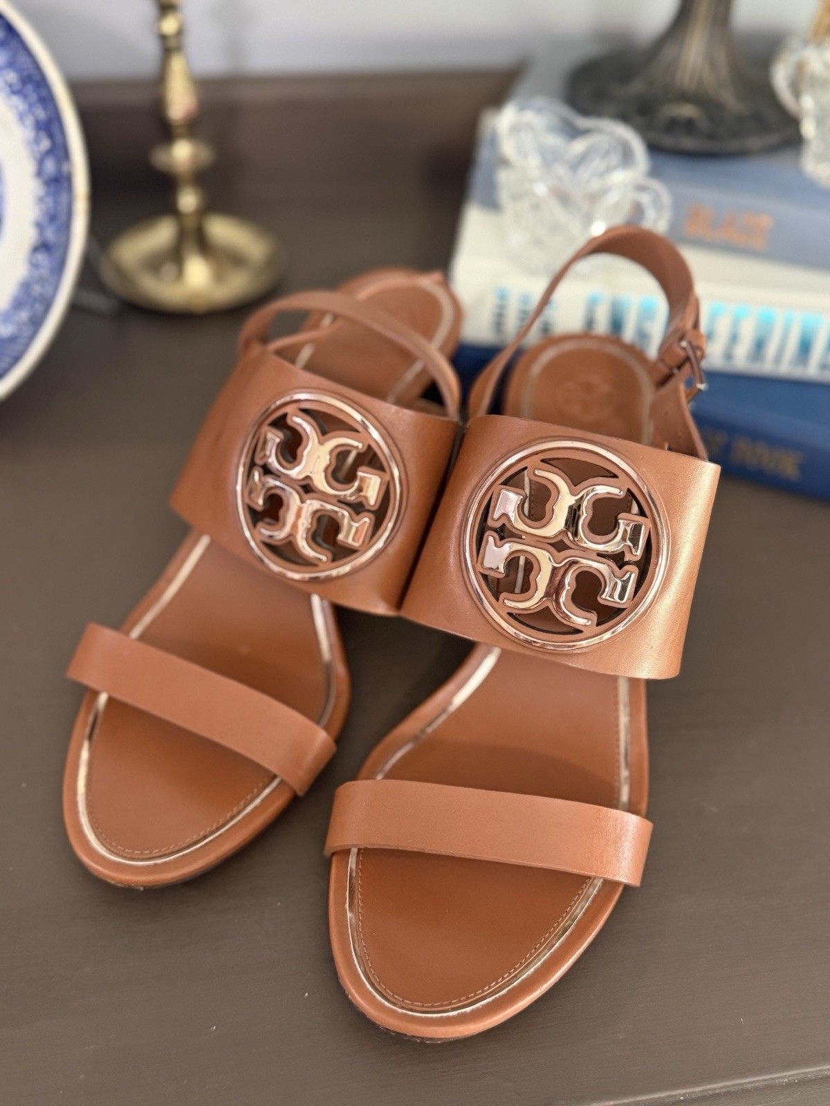 Tory Burch Metal Miller 65MM wedges leather Logo Size 10 NIB Tan Rose Gold