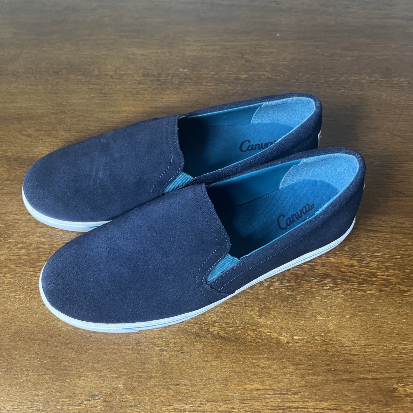 Lands’ End Women’s Canvas Leather Slip-On Sneakers «Deep Sea» Size 9 B