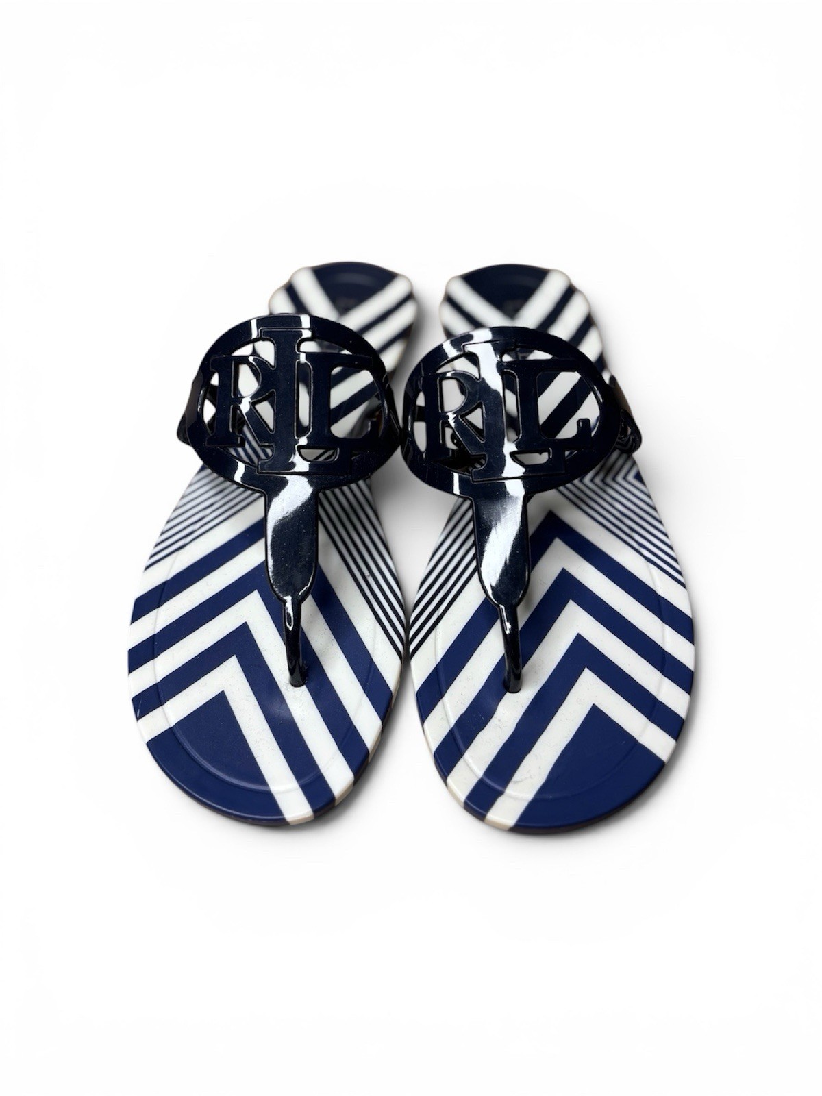 Ralph Lauren navy blue and white striped flip flops with bow detail
