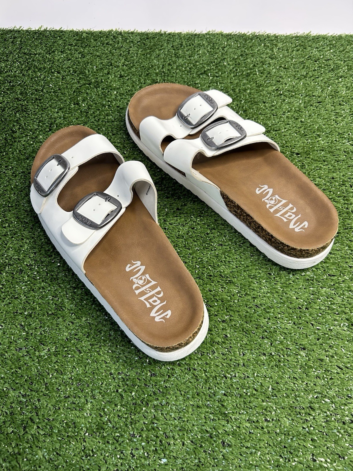 Mata Women’s Slide Sandals Double Buckle Synthetic Upper White/Brown Size 9
