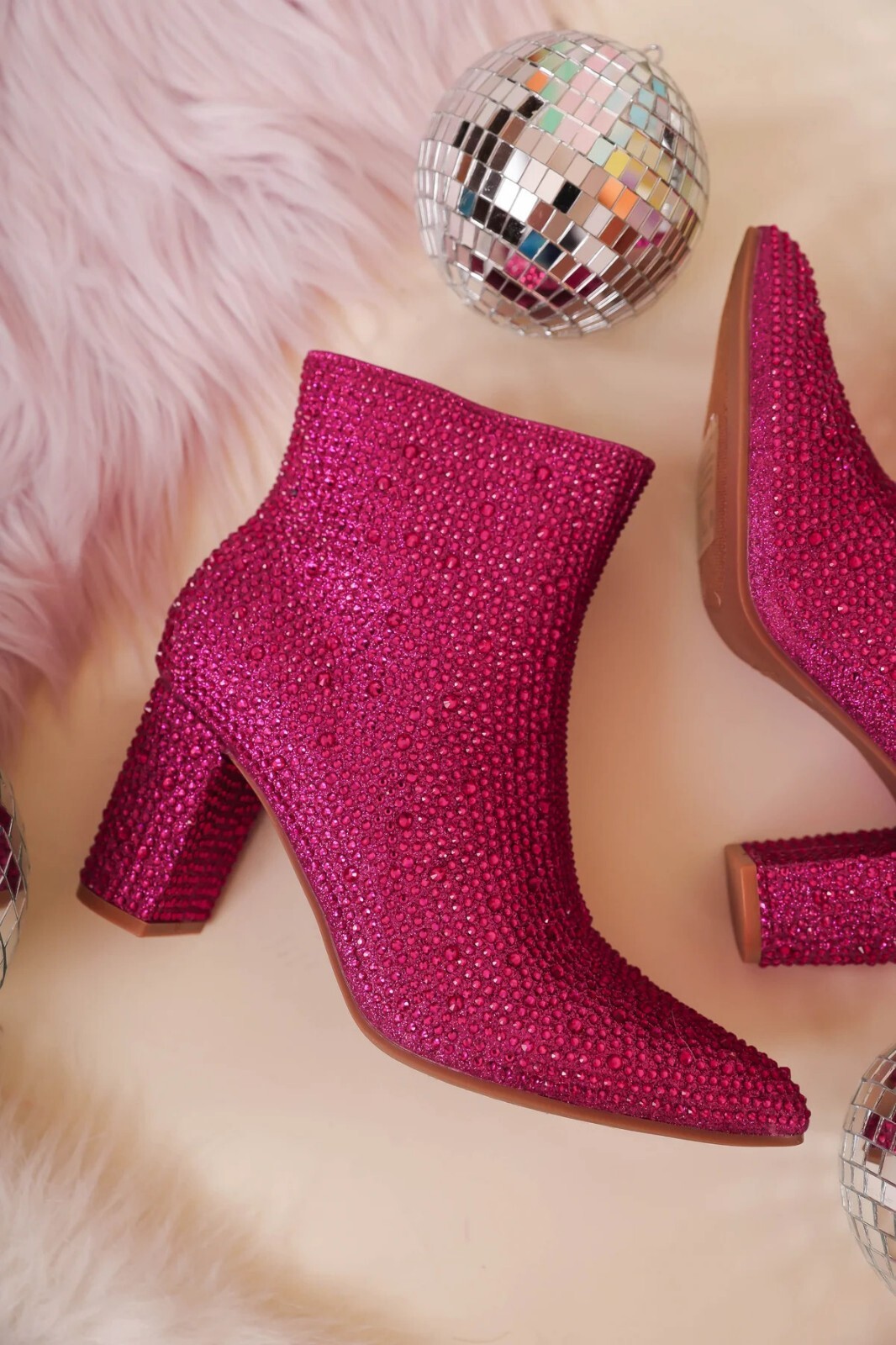 New Fuchsia Hot Pink Rhinestone Embellished Bling Ankle Boots Booties Block Heel