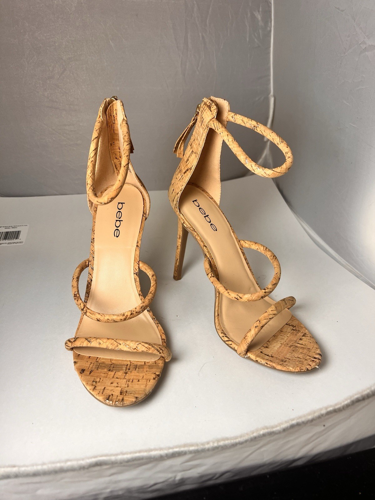 Bebe BERDINE Size 8 Glittery Cork Ankle Strap High Heels Classy Stylish