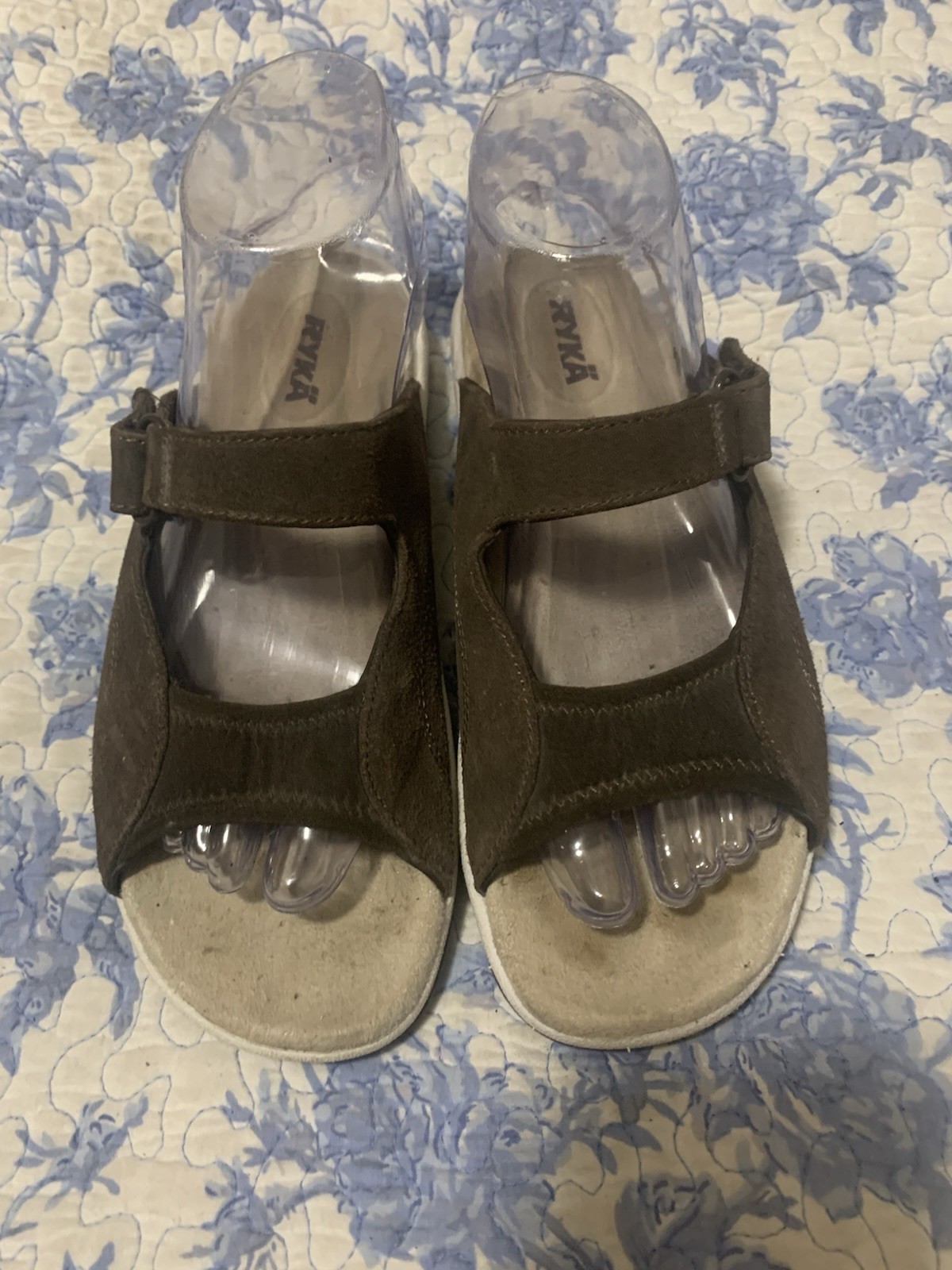 Ryka Women’s Leather Slide Sandals Brown/Beige Double Strap Hook & Loop US 7
