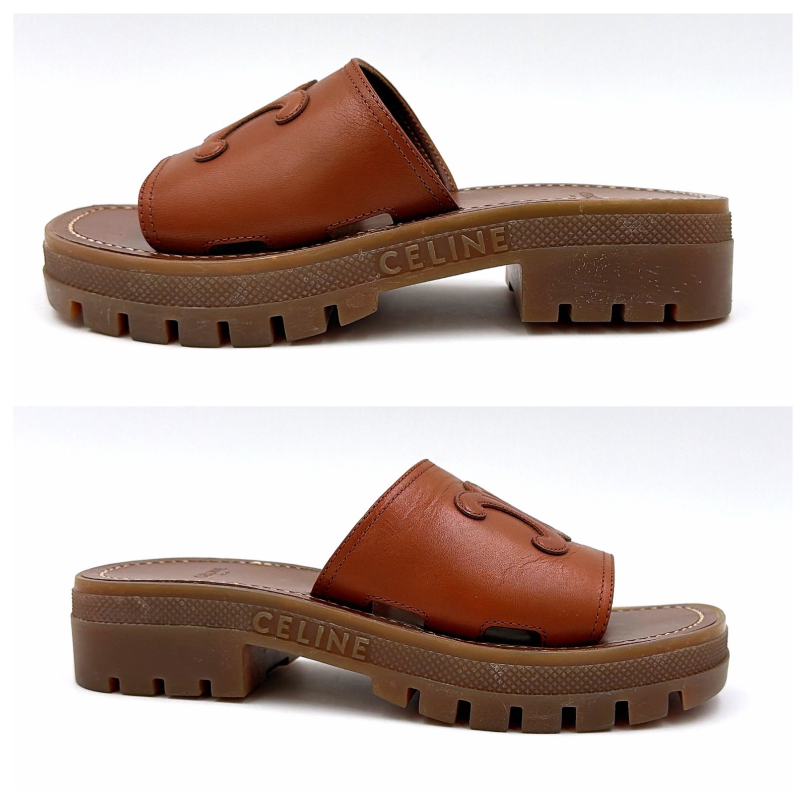 Celine Triomphe Claire Leather Slide Sandals Brown EU 34 Logo Embossed Italy
