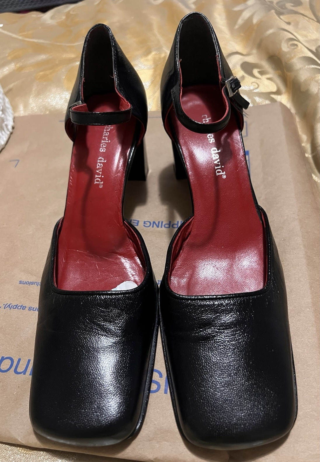 Charles David Vintage Black Leather D’Orsay Square Toe Block Heels Sz 9.5