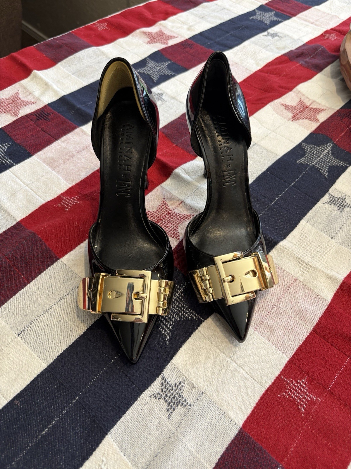 aminah abdul jillil Black and Gold Stilettos 5.5