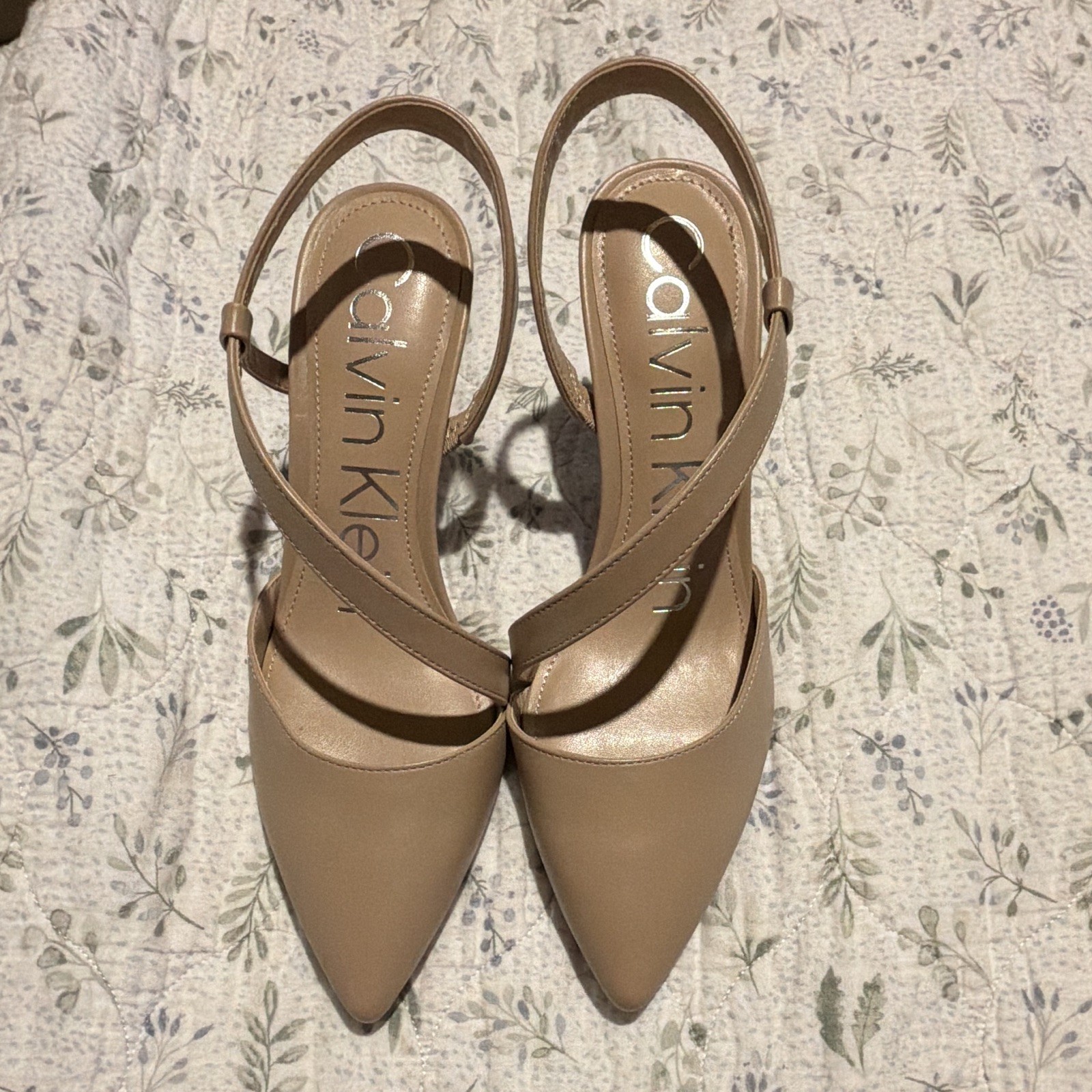 Calvin Klein Women’s Beige Faux Leather Strappy Pointed Toe Slingback Pumps