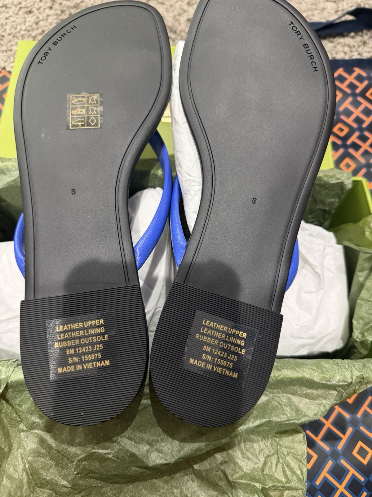 Tory Burch Women’s Blue Logo Thong Slip-On Leather Sandals Rubber US 8