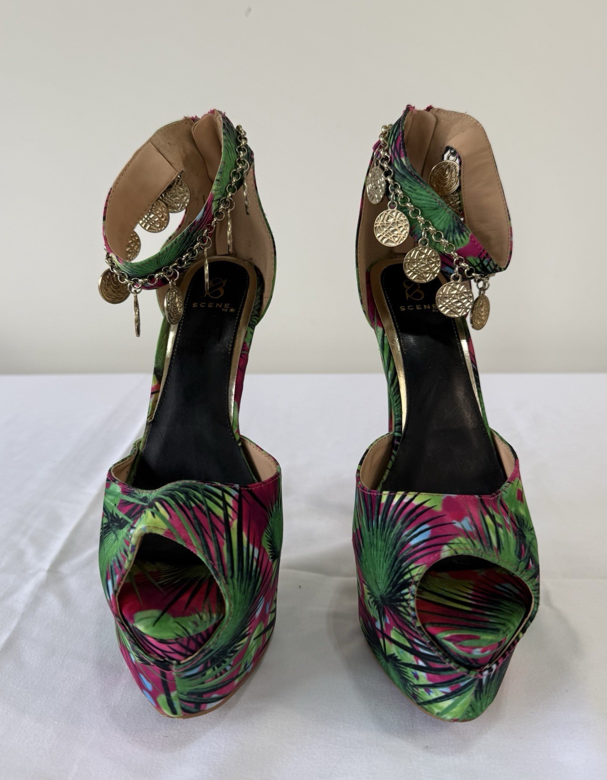 JOY Tropical Print Platform Heels 8.5 US Stiletto Ankle Strap Coins Charm
