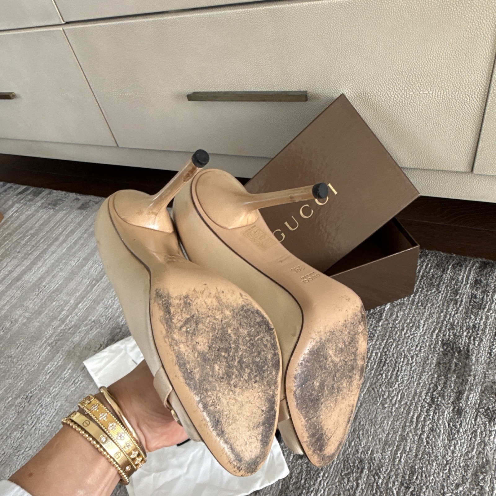 Gucci Women’s Beige Leather & 100% Silk Open Toe Pump Stiletto Heels 8.5
