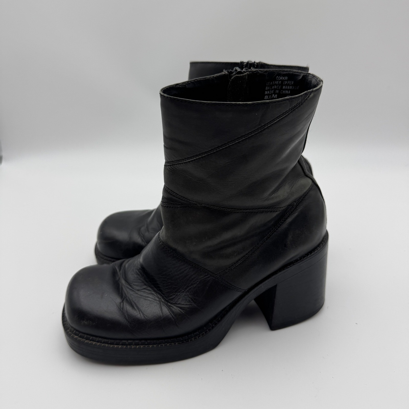 Prima Royale Corkin Black Leather Chunky Platform Ankle Boot 8.5M Square Toe Y2K