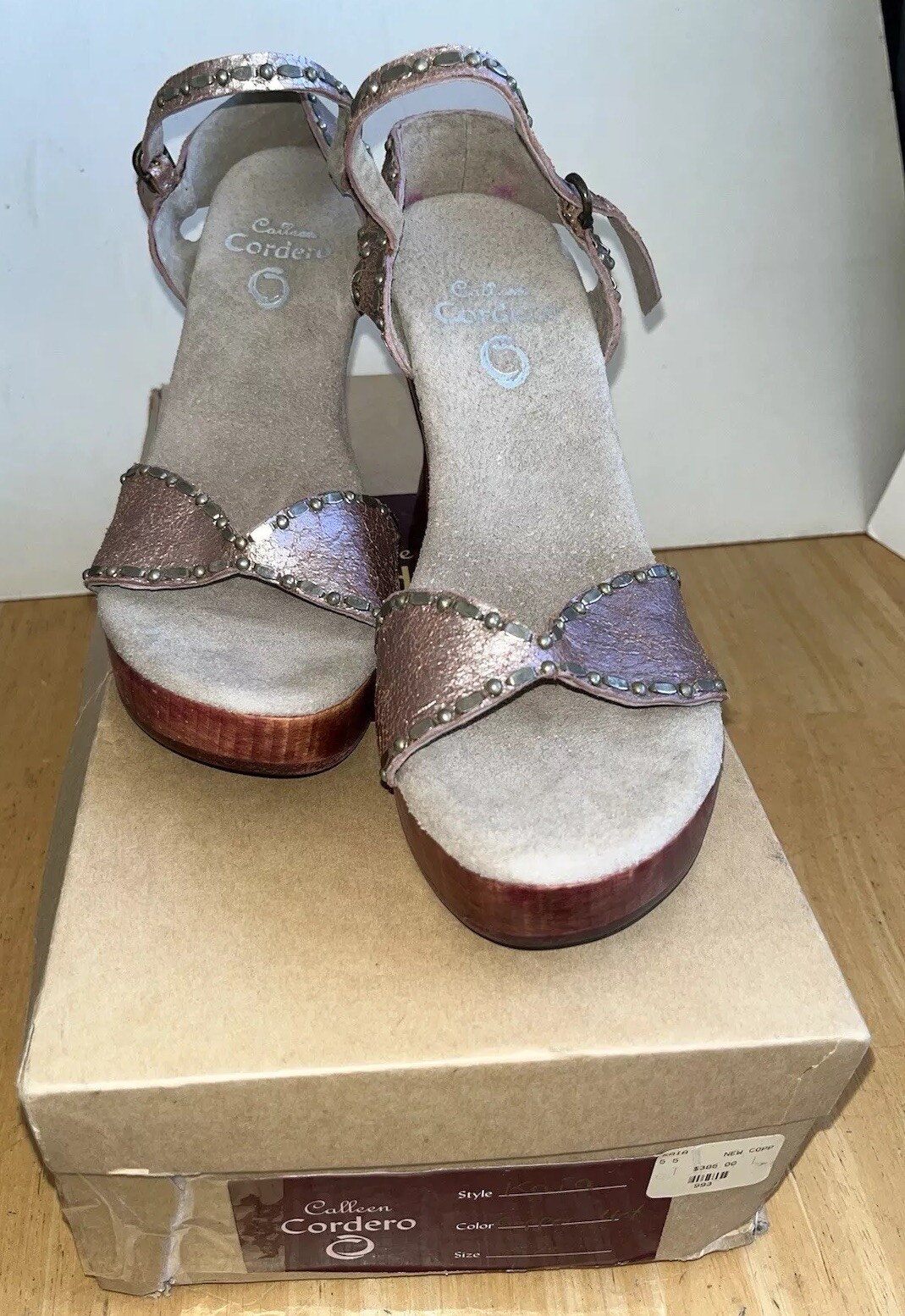 Calleen Cordero studded Kaia Metallic leather Wood Hourglass Heel Sandals Sz 5.5