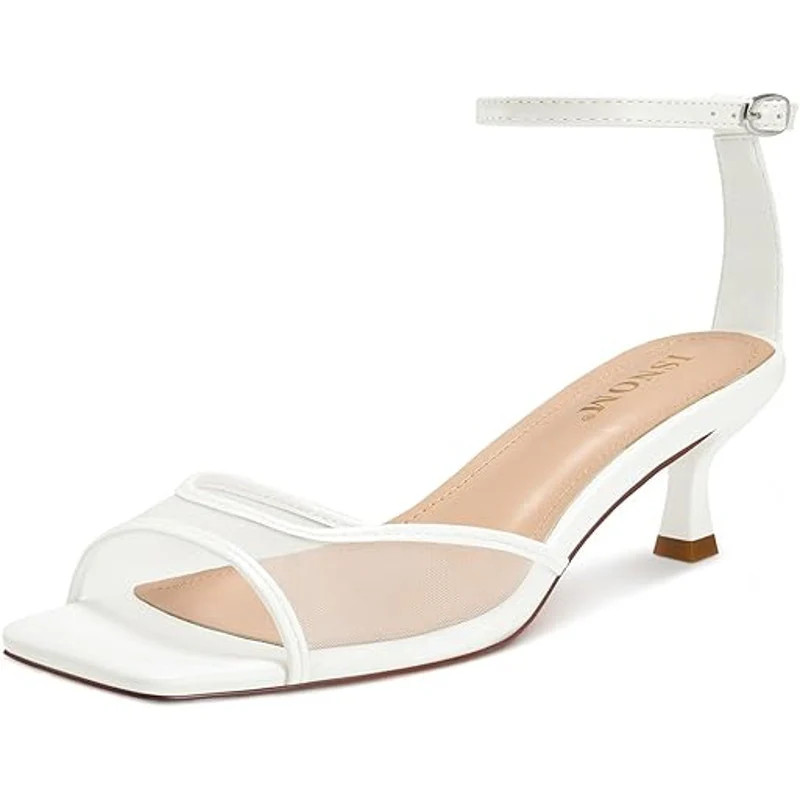 Isnom Womens 8 White Faux Leather Mesh OpenToe 2.5″ Heel AnkleStrap Sandal Shoes