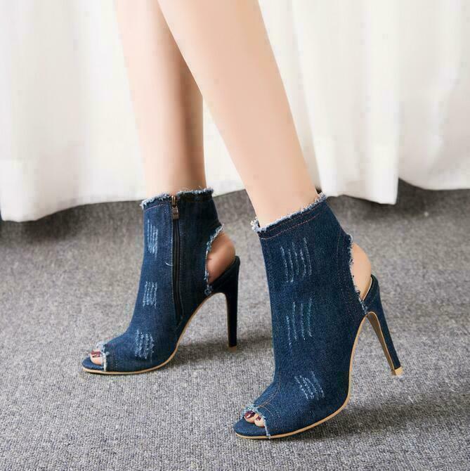 Women Open Toe Slingback Ripped Jeans Ankle Boots Denim Side Zip Stilettos Heels