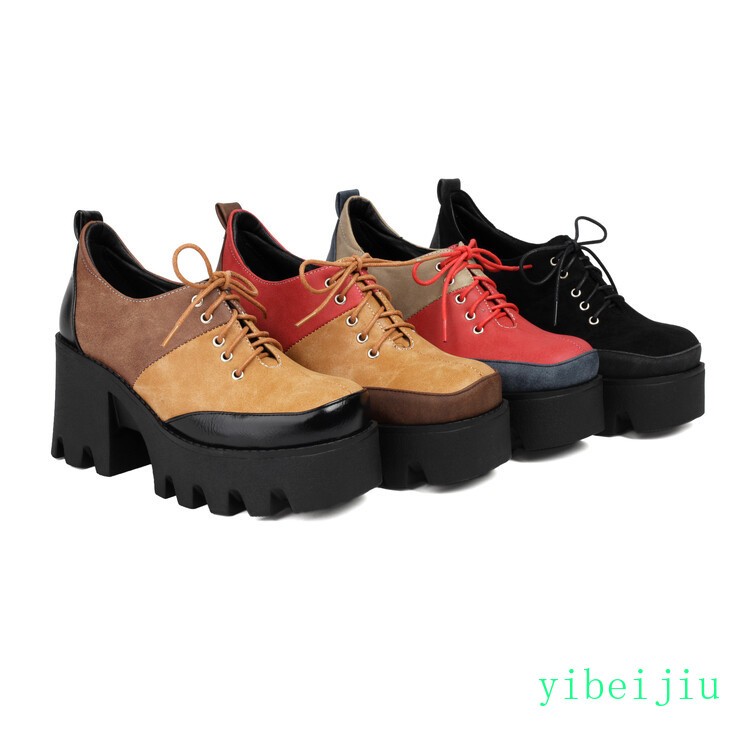 Women’s Platform Shoes Patchwork Two Tone High Block Heel Colorblock Lady Retro