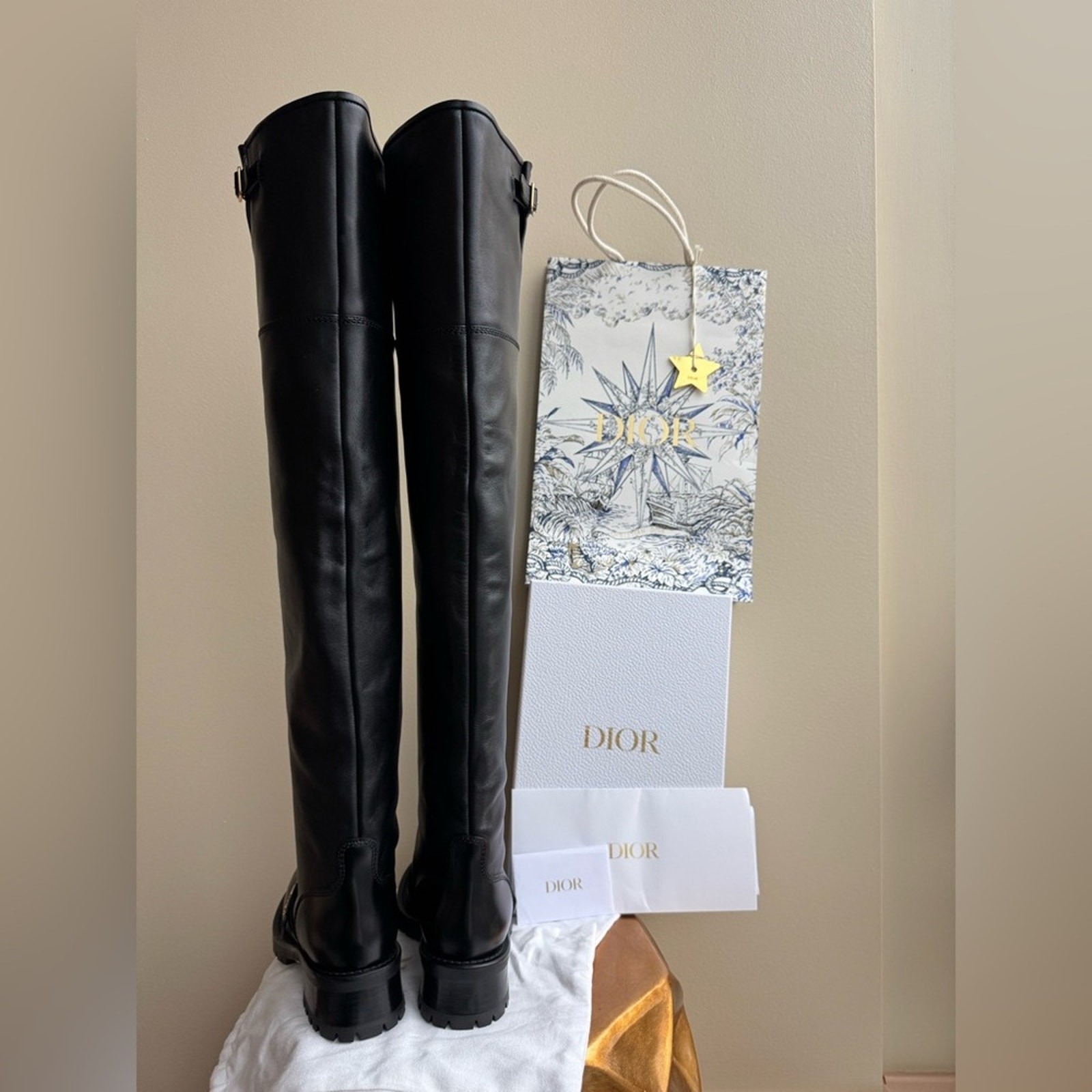 NWT Christian Dior D-Quest Thigh Black Leather Boots, size 37 (US 6-6.5)