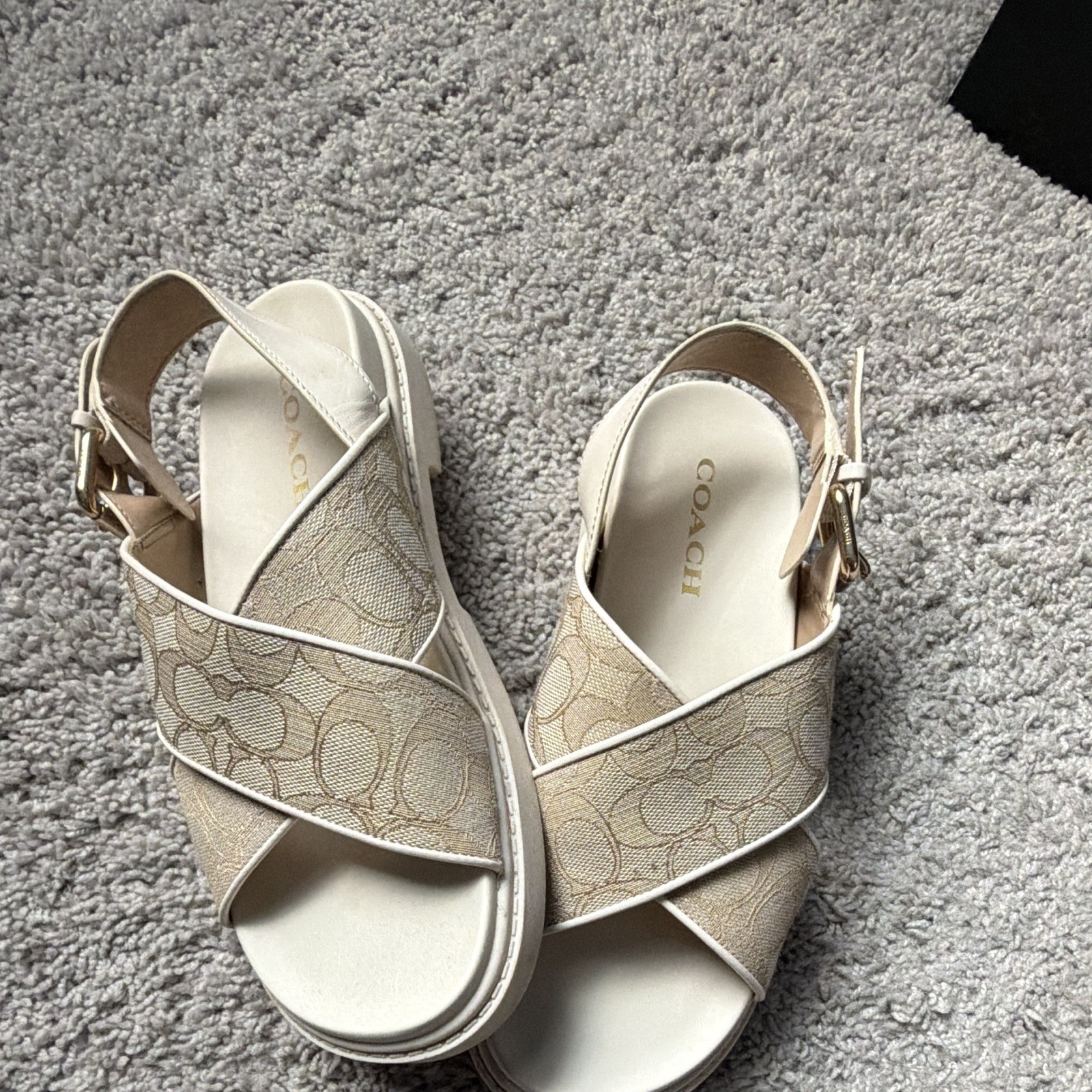 Coach Signature Canvas Strappy Buckle Ankle Strap Sandals Beige/Ivory 6