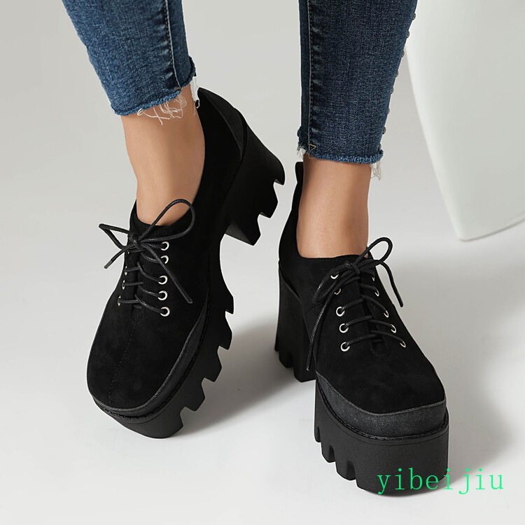 Women’s Platform Shoes Patchwork Two Tone High Block Heel Colorblock Lady Retro