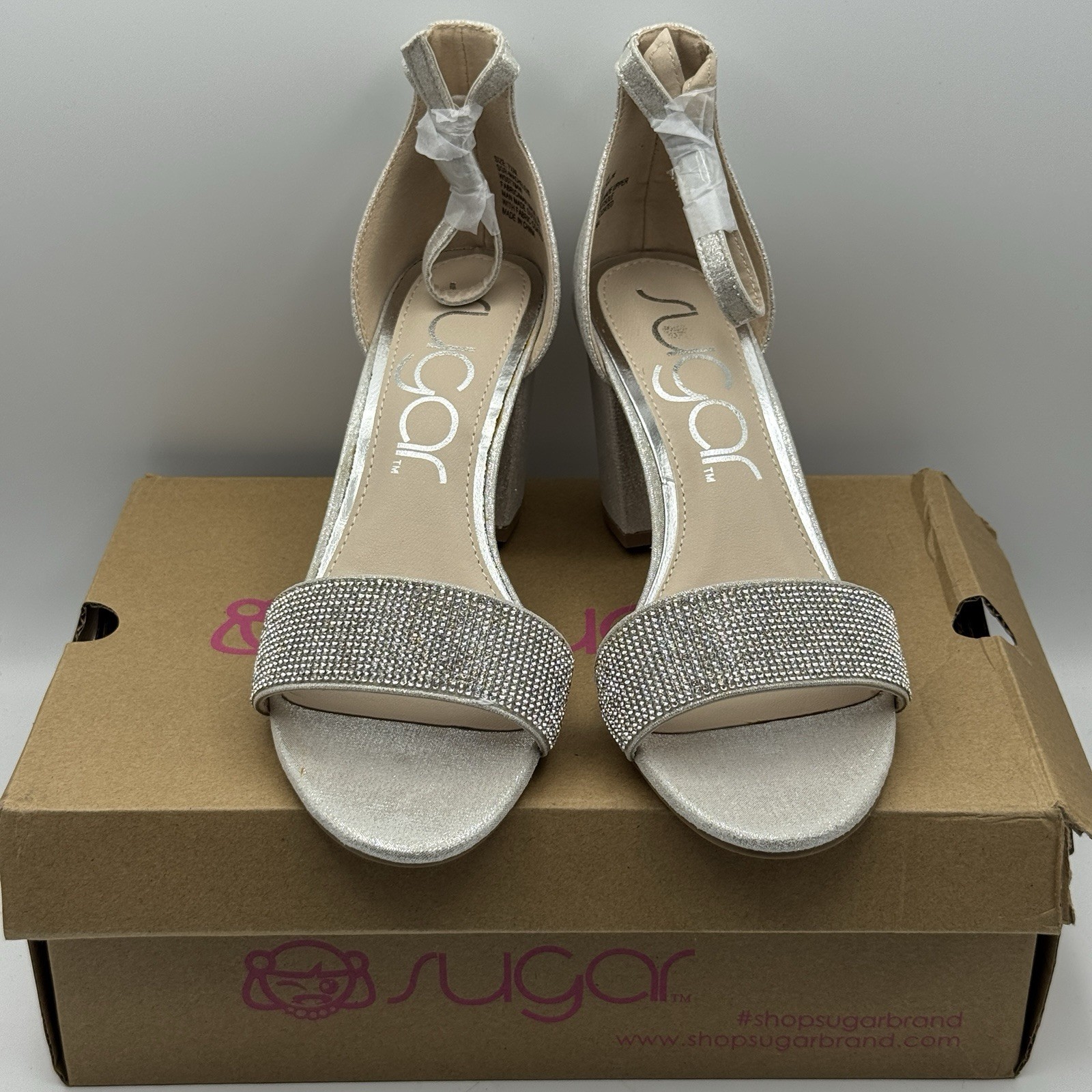 Sugar Machelene Silver Block Heel Sandals 7.5M Rhinestone Glitter NIB