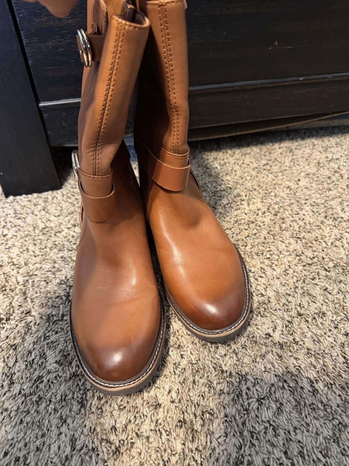Vince Camuto Kerivini Brown Leather Mid-Calf Boots Zip Buckle Comfort 7M