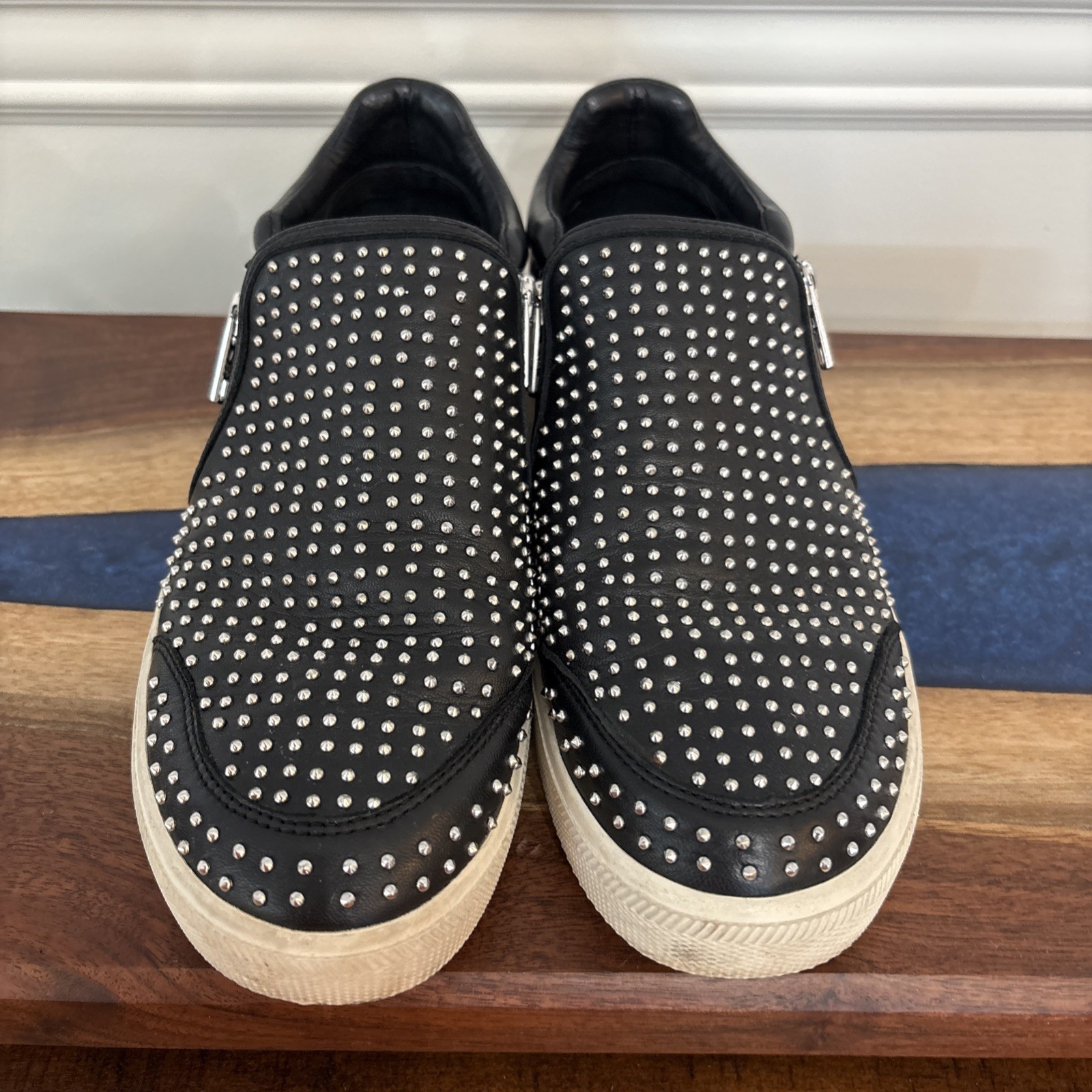 Ash IMAN Studded Sneaker Double Zip Black Leather/White/Silver Size 40 US 9.5-10