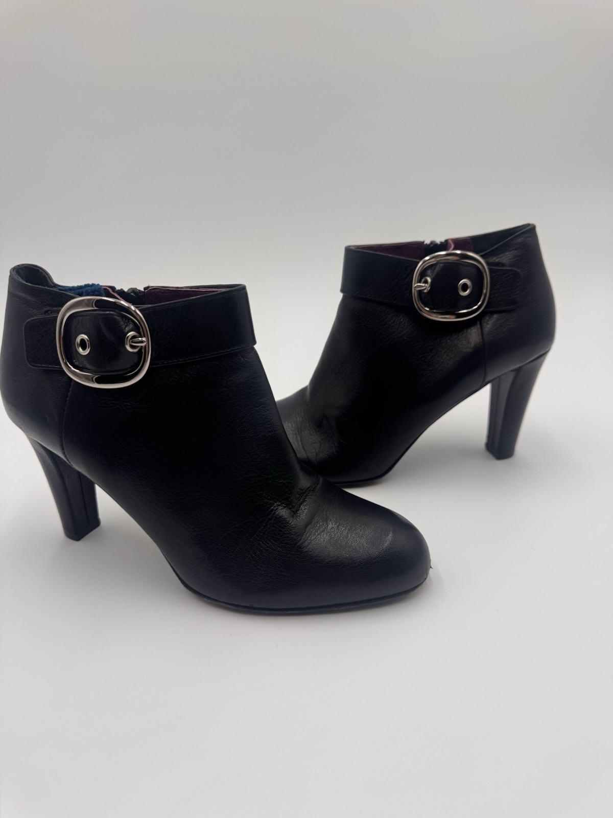 Coach Black Leather Nicolete Silver Tone Buckle 3.25″ Heel Bootie Boot 7.5