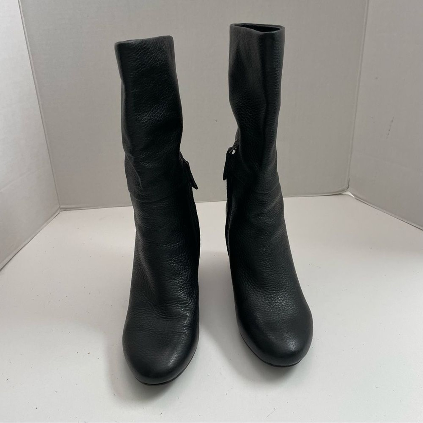 Levity Boots Betty Mid Calf Pebbled Soft Leather Stacked Heeled Pull On Black