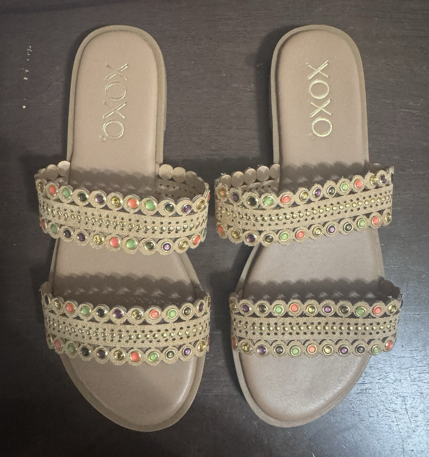 XOXO Women’s Slide Sandals Beige Multicolor Studded Scalloped Straps US 6