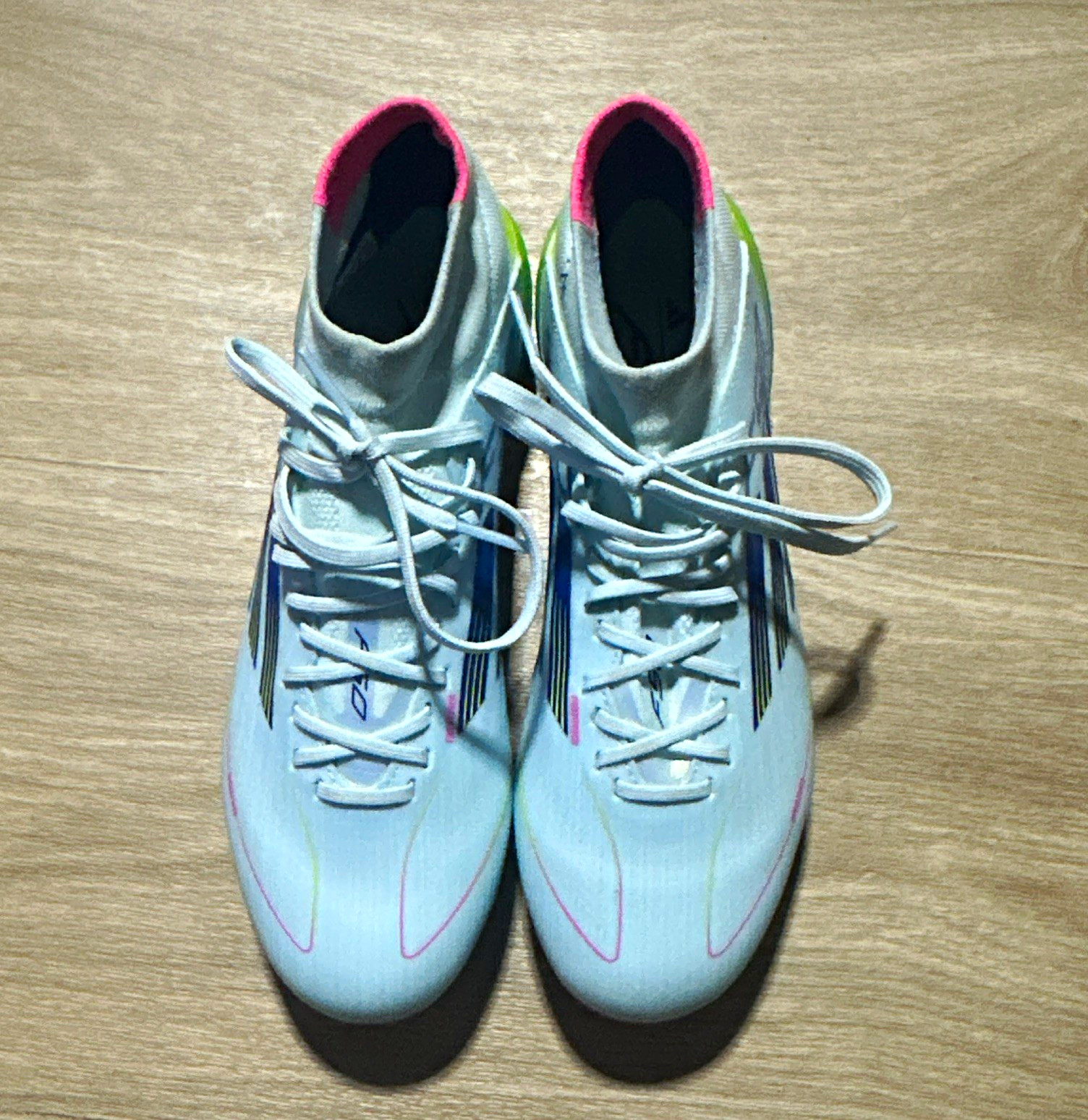 adidas F50 Soccer Cleats White Pink Yellow Blue Lace-Up Mid Top Plastic