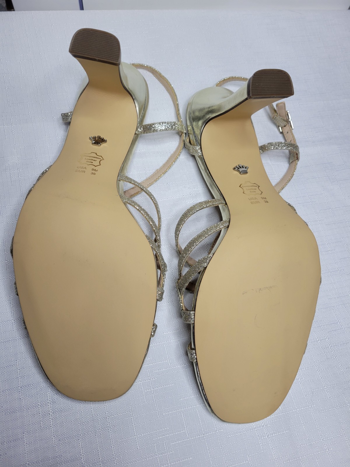Nina leather sole Gold rhinestone Strappy cocktail party heels pumps size 9